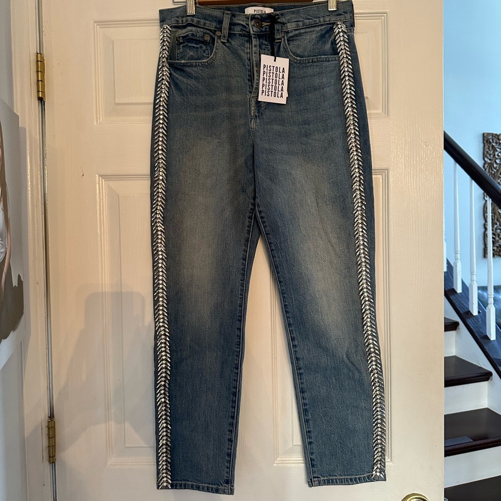 GORGEOUS CRYSTAL RHINESTONE EMBELLISHED GENUINE PISTOLA HIGH RISE JEANS NEW 28